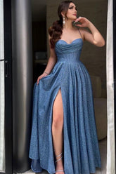 Elegant Long Blue A-line Spaghetti Straps Glitter Prom Evening Dresses With Slit